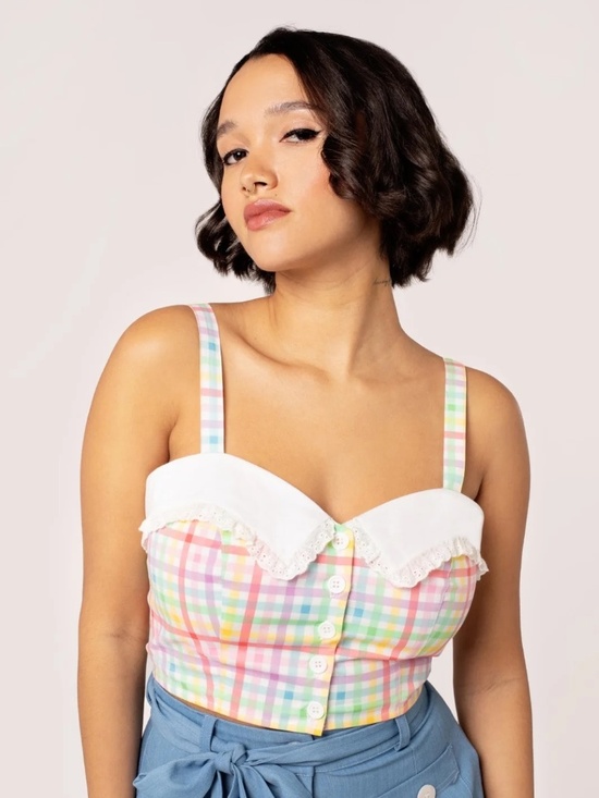 Hell Bunny Tops - Rainbow Pastel Plaid Crop Top